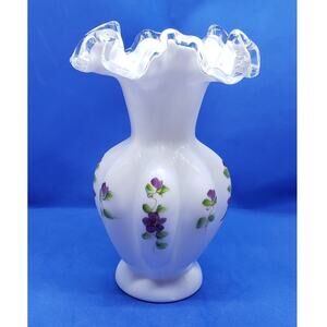 Vintage Fenton Vase Hand Painted Floral Ruffled Edge 7" Art Glass Violets